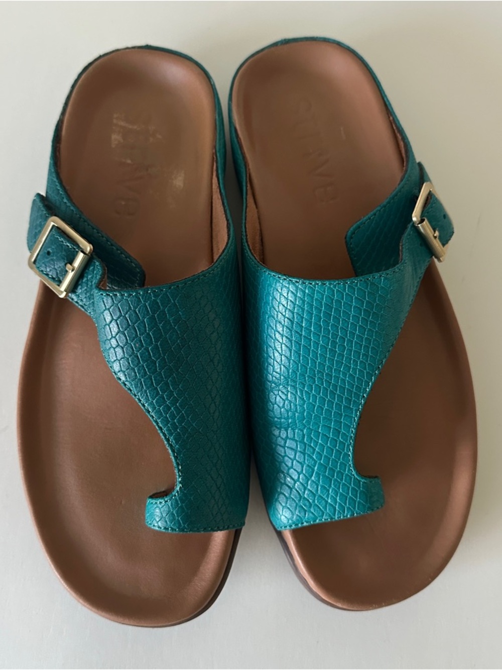 Strive Java II Women’s Teal Snakeskin Textured Leather Slide Sandals, Sz 9 Preow